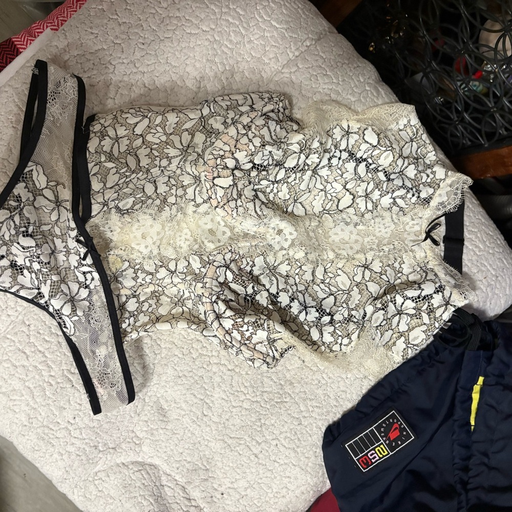 Victoria's Secret Lace Chemise - Black and cream top and matching thong 2 piece